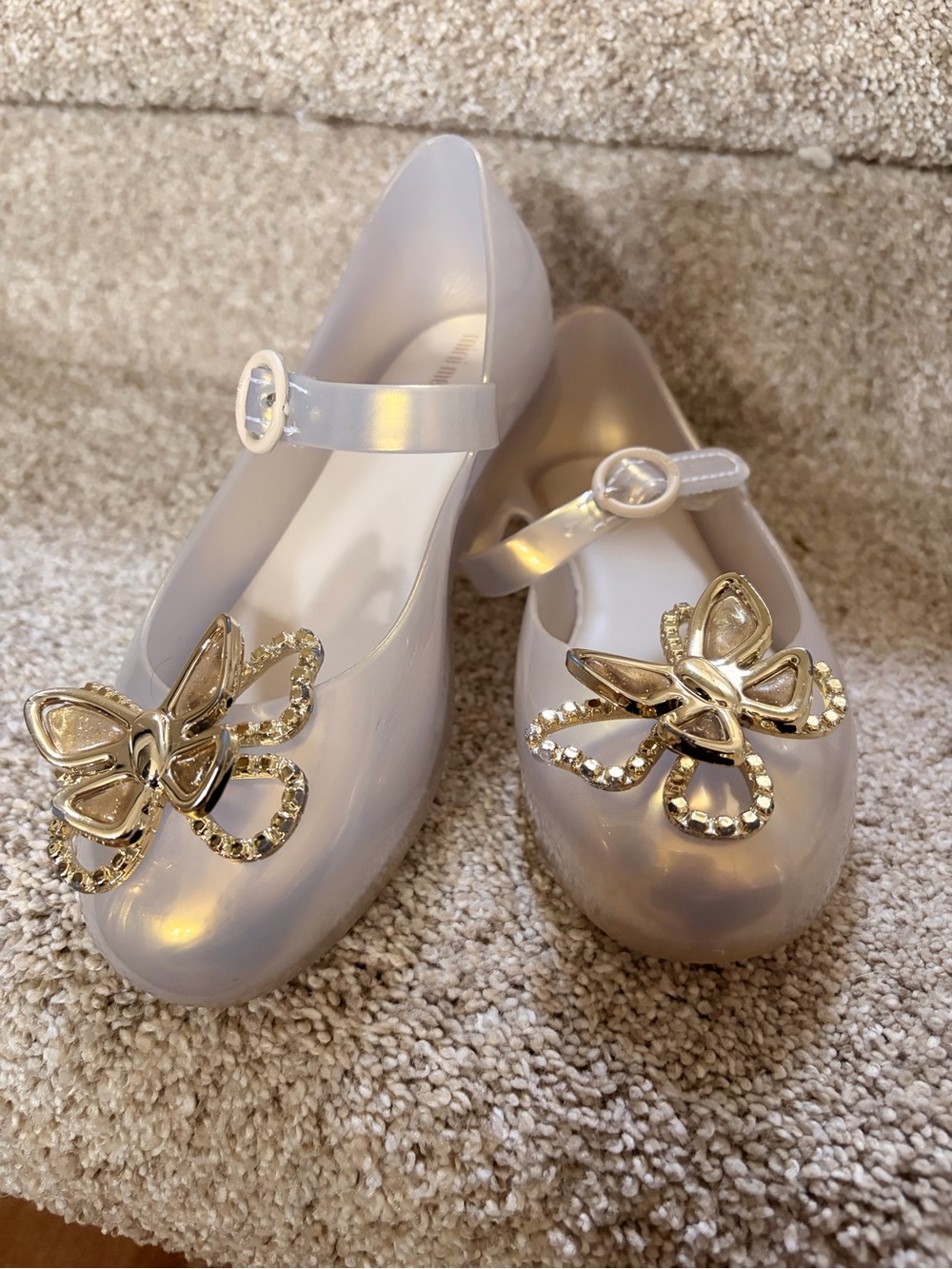 Mini Melissa Iridescent Pearl Mary Janes with Gold Butterfly Accents